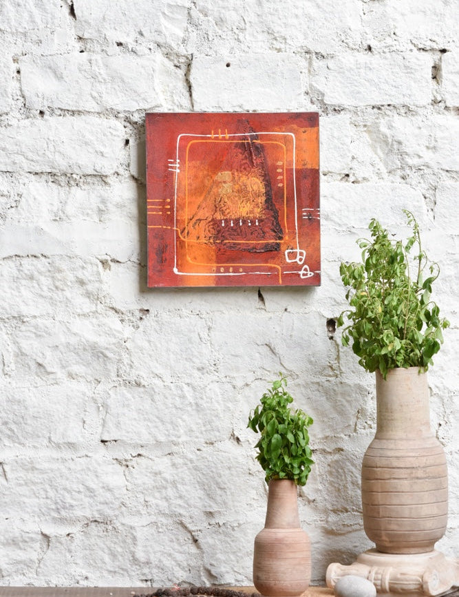 Ekaurr Earthen Pulse painting with a rhythmic abstract composition in deep terracotta warm brown and earthy organic tones, handcrafted canvas art for living rooms and nature-grounded home interiors