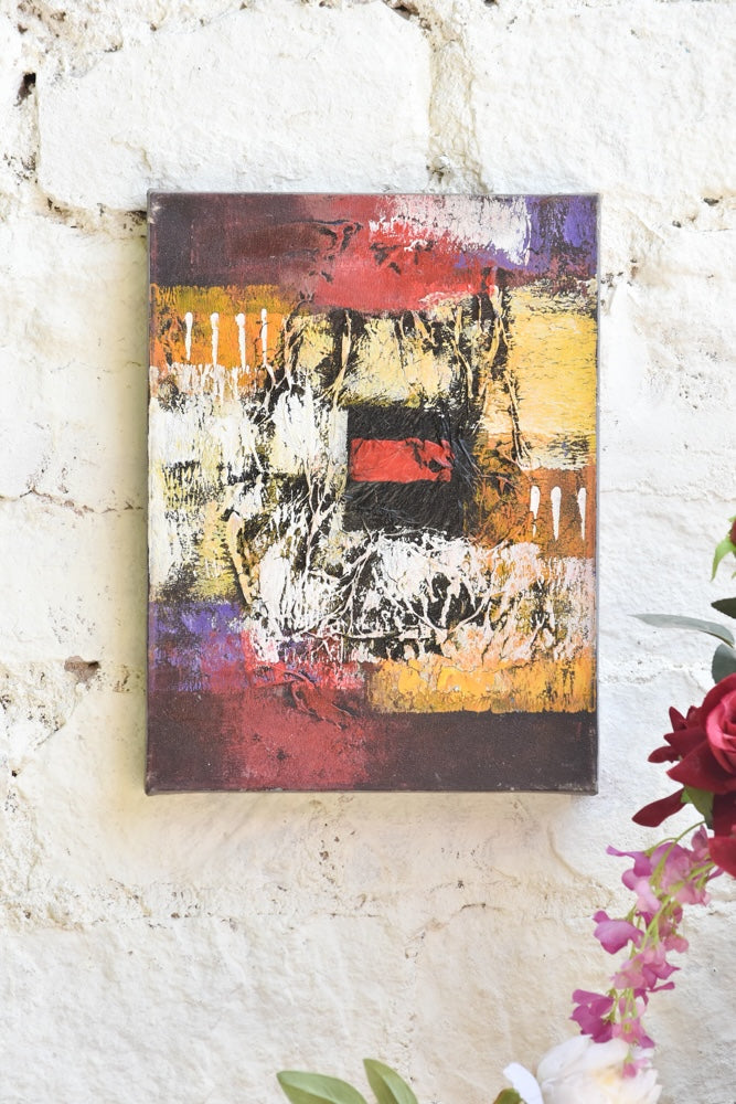Ekaurr Echoes of Ember original abstract painting with richly layered deep crimson burnt yellow ivory and bold black in a rhythmic textured composition, handcrafted canvas art for living rooms and contemporary home interiors
