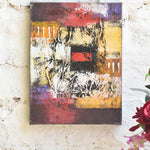 Ekaurr Echoes of Ember original abstract painting with richly layered deep crimson burnt yellow ivory and bold black in a rhythmic textured composition, handcrafted canvas art for living rooms and contemporary home interiors
