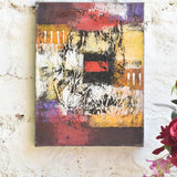 Ekaurr Echoes of Ember original abstract painting with richly layered deep crimson burnt yellow ivory and bold black in a rhythmic textured composition, handcrafted canvas art for living rooms and contemporary home interiors