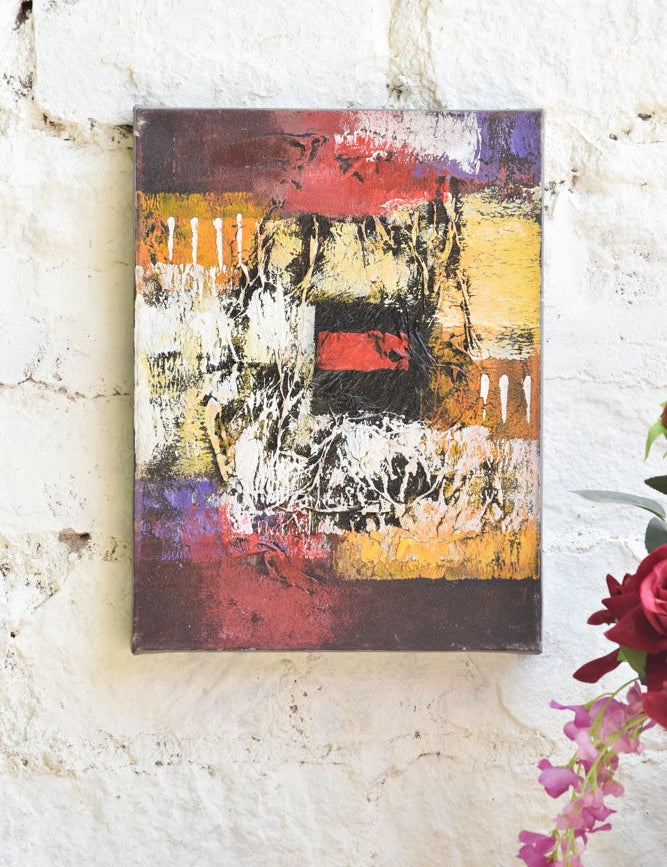 Ekaurr Echoes of Ember original abstract painting with richly layered deep crimson burnt yellow ivory and bold black in a rhythmic textured composition, handcrafted canvas art for living rooms and contemporary home interiors