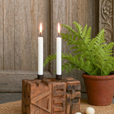 Ekaurr Emblem Candle Holder with 2 candle wells crafted from a repurposed vintage brick mould emblem with hand-carved patterns and aged texture, one-of-a-kind artisan candle holder for rustic home decor