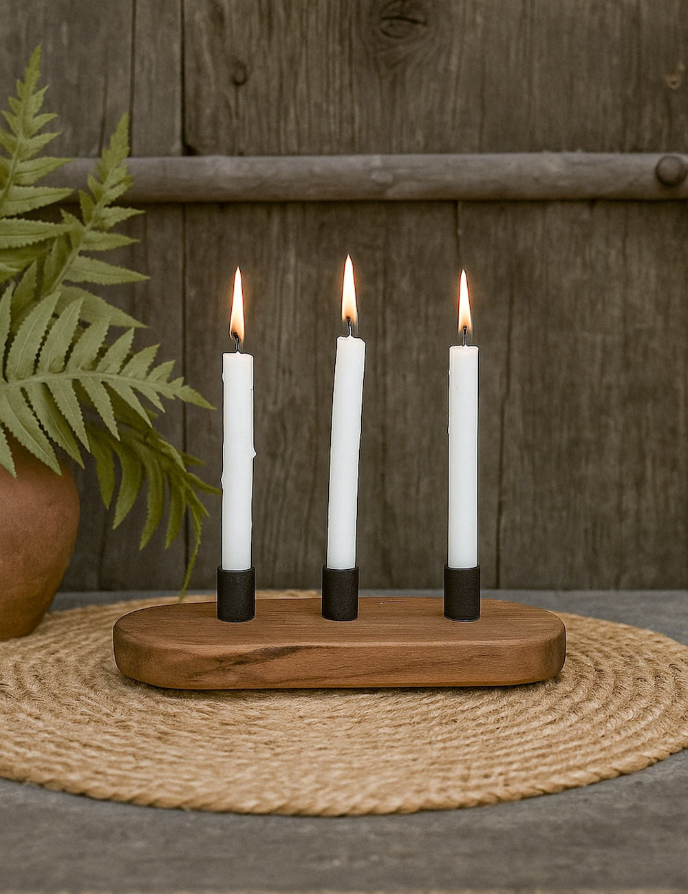 Ekaurr Emblem Candle Holder with 3 candle wells repurposed from a vintage brick mould emblem with aged hand-carved surface, artisan one-of-a-kind candle holder for rustic and eclectic home decor