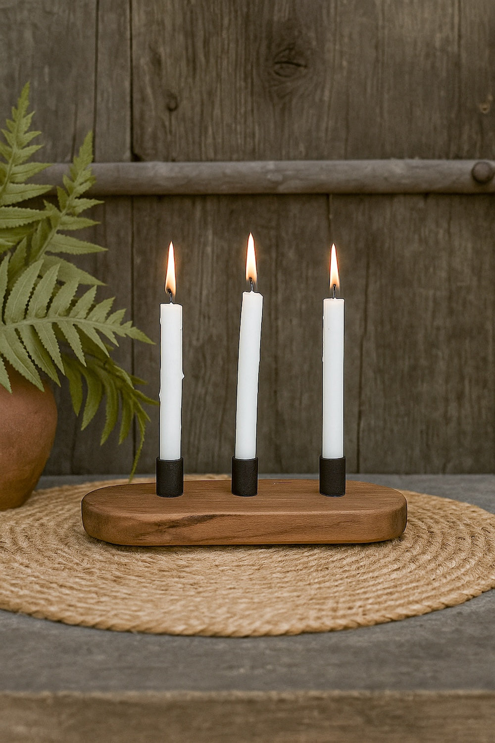 Ekaurr Emblem Candle Holder with 3 candle wells repurposed from a vintage brick mould emblem with aged hand-carved surface, artisan one-of-a-kind candle holder for rustic and eclectic home decor
