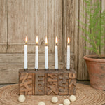 Ekaurr Emblem Candle Holder with 5 candle wells crafted from a repurposed vintage brick mould emblem with hand-carved pattern surface, statement artisan candle holder for mantel dining and rustic home styling