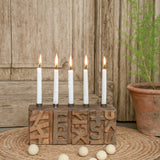 Ekaurr Emblem Candle Holder with 5 candle wells crafted from a repurposed vintage brick mould emblem with hand-carved pattern surface, statement artisan candle holder for mantel dining and rustic home styling