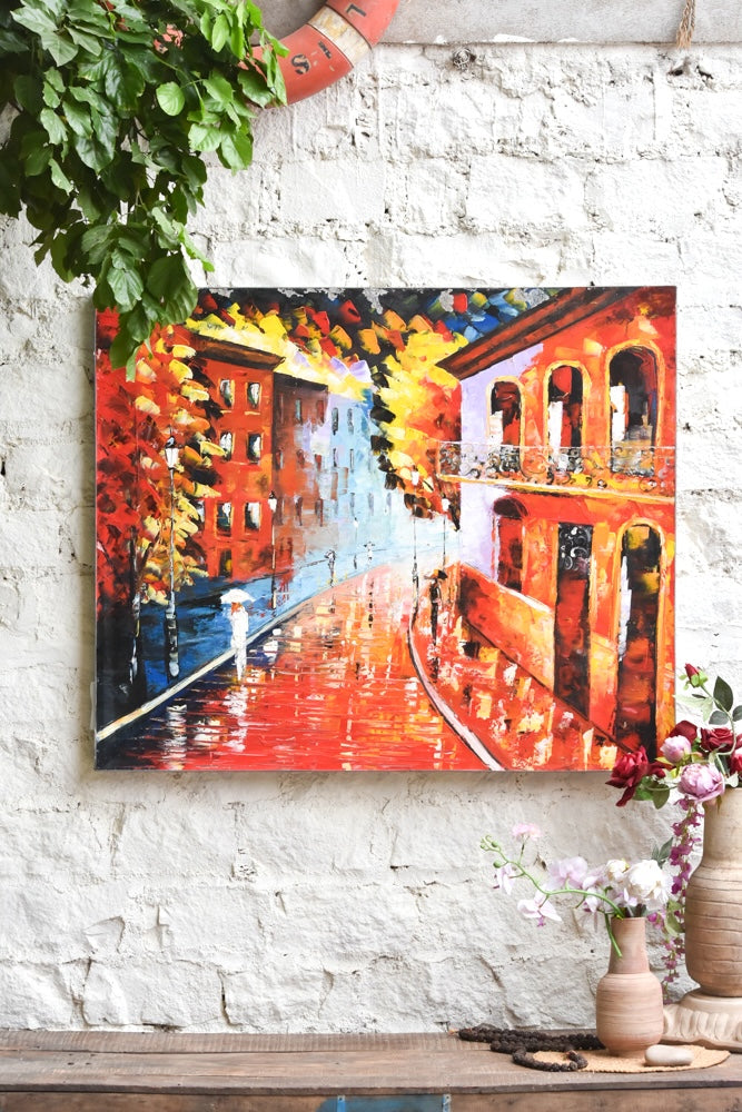 Ekaurr Evening Stroll painting depicting a solitary or paired figure walking in a warm evening landscape with amber golden-hour tones, handcrafted figurative home decor for living rooms and contemplative interiors