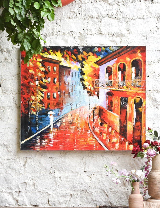 Ekaurr Evening Stroll painting depicting a solitary or paired figure walking in a warm evening landscape with amber golden-hour tones, handcrafted figurative home decor for living rooms and contemplative interiors