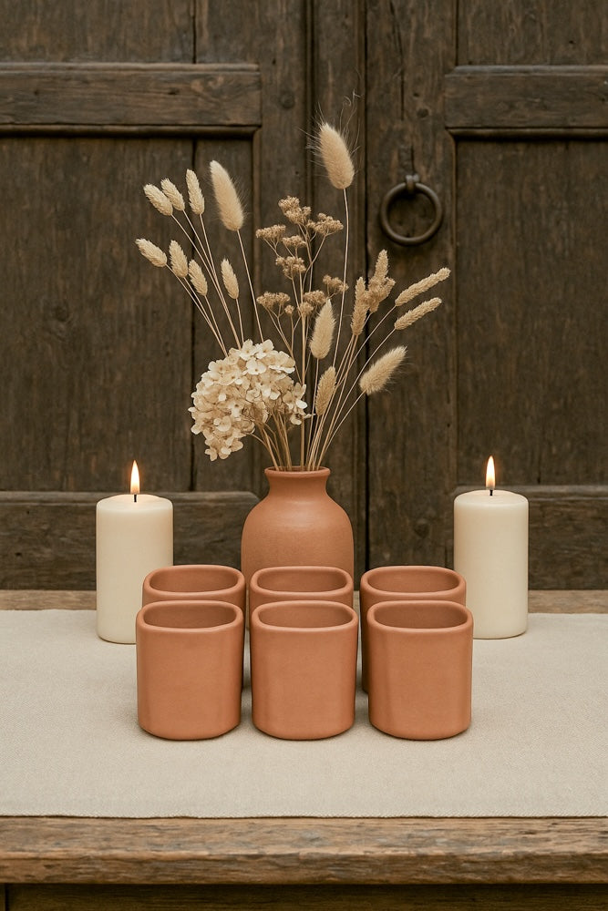 Ekaurr Everyday Terracotta Glasses set of 3 handmade natural clay drinking glasses at 2.5x2.5x3 inches crafted by rural Indian artisans, earthy sustainable alternative to plastic for daily use and conscious home living