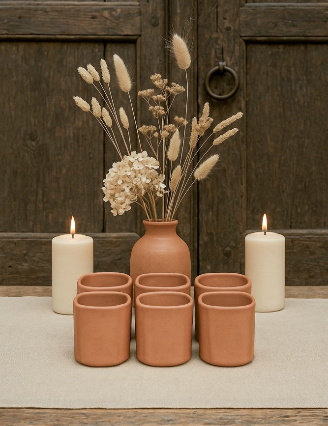 Ekaurr Everyday Terracotta Glasses set of 3 handmade natural clay drinking glasses at 2.5x2.5x3 inches crafted by rural Indian artisans, earthy sustainable alternative to plastic for daily use and conscious home living