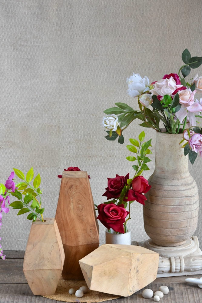 Ekaurr The Faceted Form Sculptures hand-carved solid reclaimed wood abstract geometric pieces with natural grain planes and angles, minimalist artisan sculptural home decor