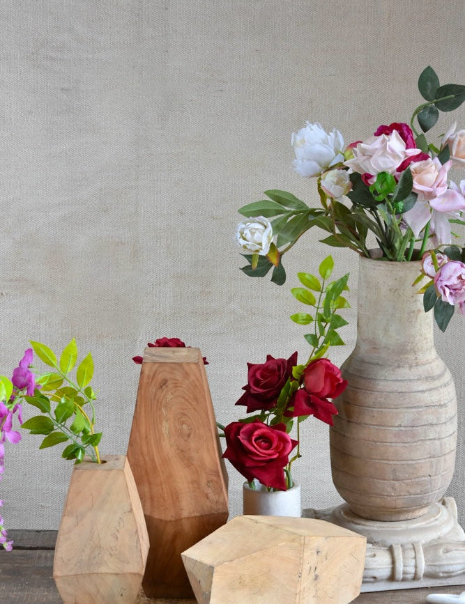 Ekaurr The Faceted Form Sculptures hand-carved solid reclaimed wood abstract geometric pieces with natural grain planes and angles, minimalist artisan sculptural home decor