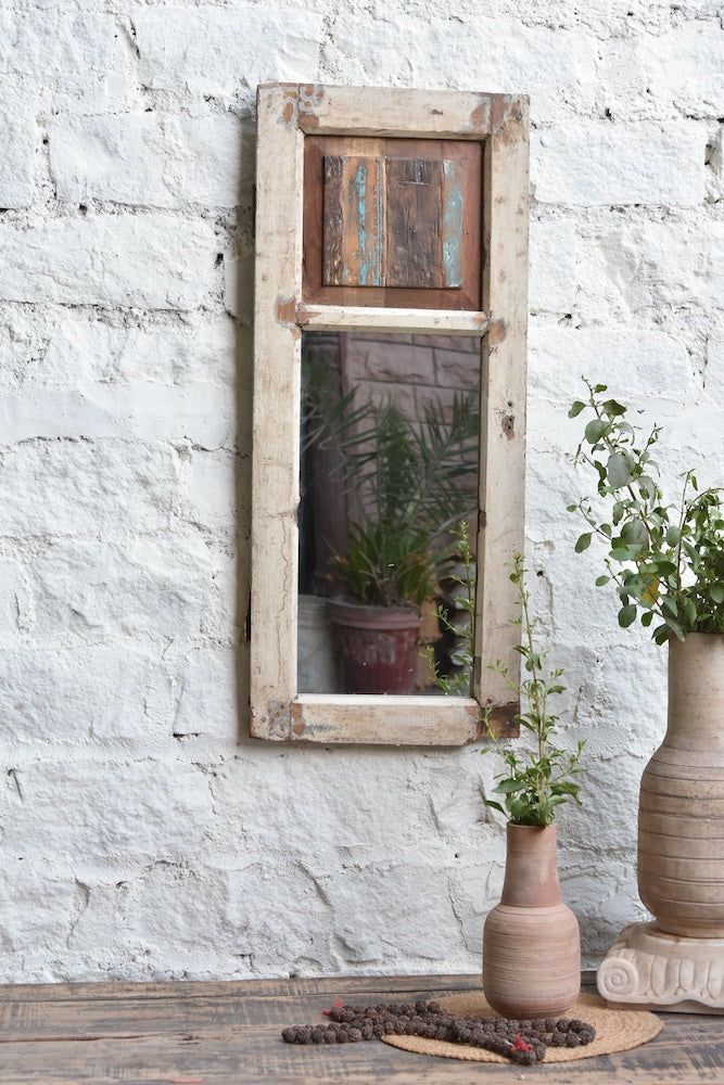Ekaurr Faded Mirror Window reclaimed wood window frame with faded distressed finish and inset mirror panels creating an aged vintage window effect, artisan wall mirror for living rooms and eclectic home styling