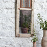 Ekaurr Faded Mirror Window reclaimed wood window frame with faded distressed finish and inset mirror panels creating an aged vintage window effect, artisan wall mirror for living rooms and eclectic home styling
