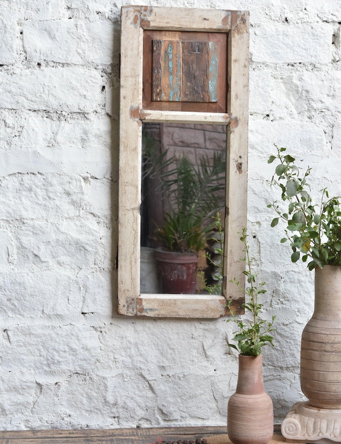 Ekaurr Faded Mirror Window reclaimed wood window frame with faded distressed finish and inset mirror panels creating an aged vintage window effect, artisan wall mirror for living rooms and eclectic home styling