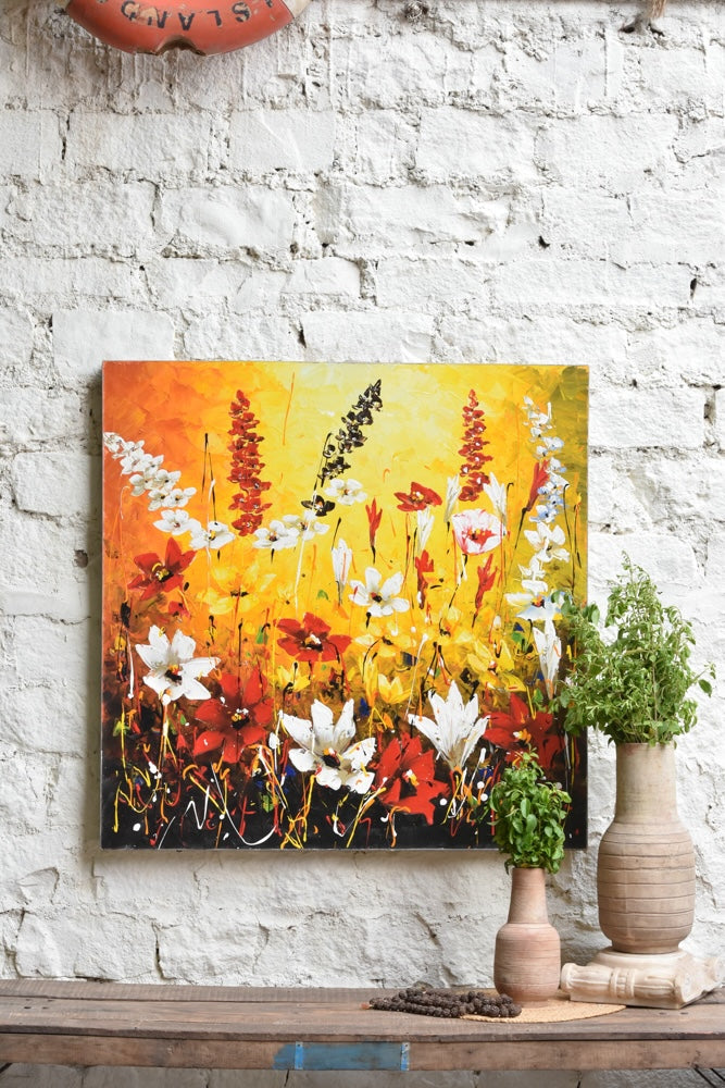 Ekaurr Field of Light painting depicting a sunlit open field in warm luminous gold and soft green tones, handcrafted landscape home decor for living rooms dining spaces and peaceful interior styling