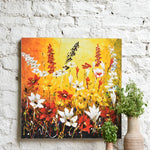Ekaurr Field of Light painting depicting a sunlit open field in warm luminous gold and soft green tones, handcrafted landscape home decor for living rooms dining spaces and peaceful interior styling