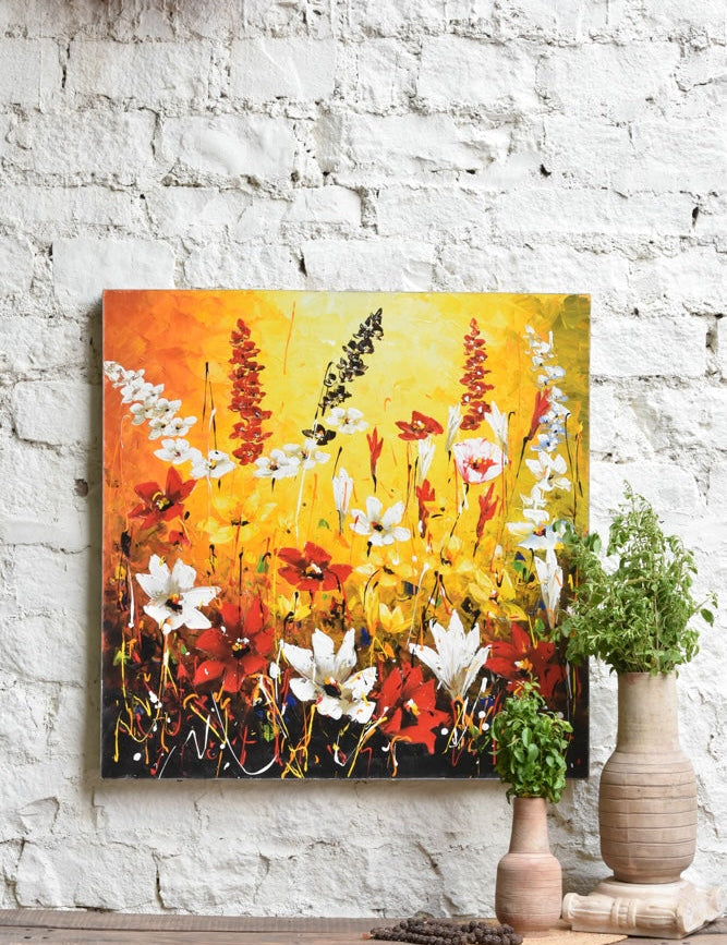 Ekaurr Field of Light painting depicting a sunlit open field in warm luminous gold and soft green tones, handcrafted landscape home decor for living rooms dining spaces and peaceful interior styling