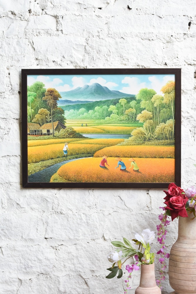 Ekaurr Fields of Gold Harvest wall art depicting golden wheat or crop fields in a warm harvest palette, handcrafted nature and landscape-inspired home decor for living rooms dining spaces and earthy interior styling