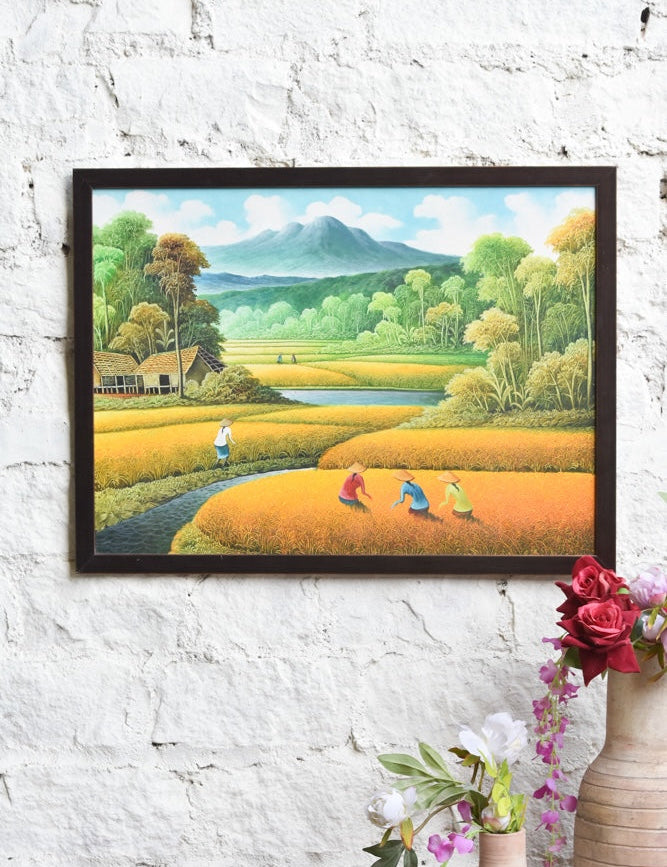 Ekaurr Fields of Gold Harvest wall art depicting golden wheat or crop fields in a warm harvest palette, handcrafted nature and landscape-inspired home decor for living rooms dining spaces and earthy interior styling