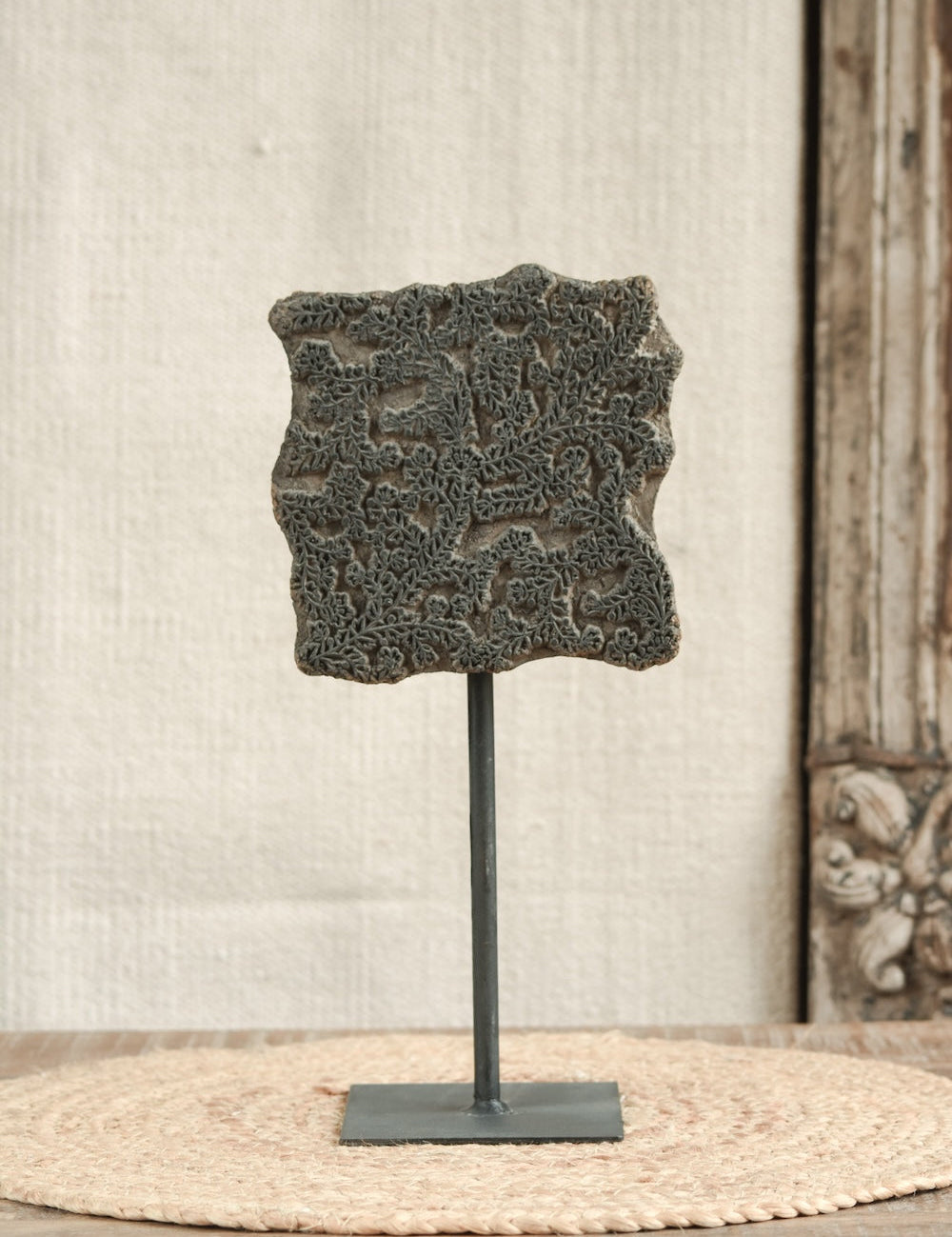 Ekaurr Fine Carving Print Block on Stand vintage wooden textile print block with intricate fine-carved motif mounted on an iron display stand, artisan craft heritage collectible for home decor