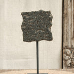 Ekaurr Fine Carving Print Block on Stand vintage wooden textile print block with intricate fine-carved motif mounted on an iron display stand, artisan craft heritage collectible for home decor