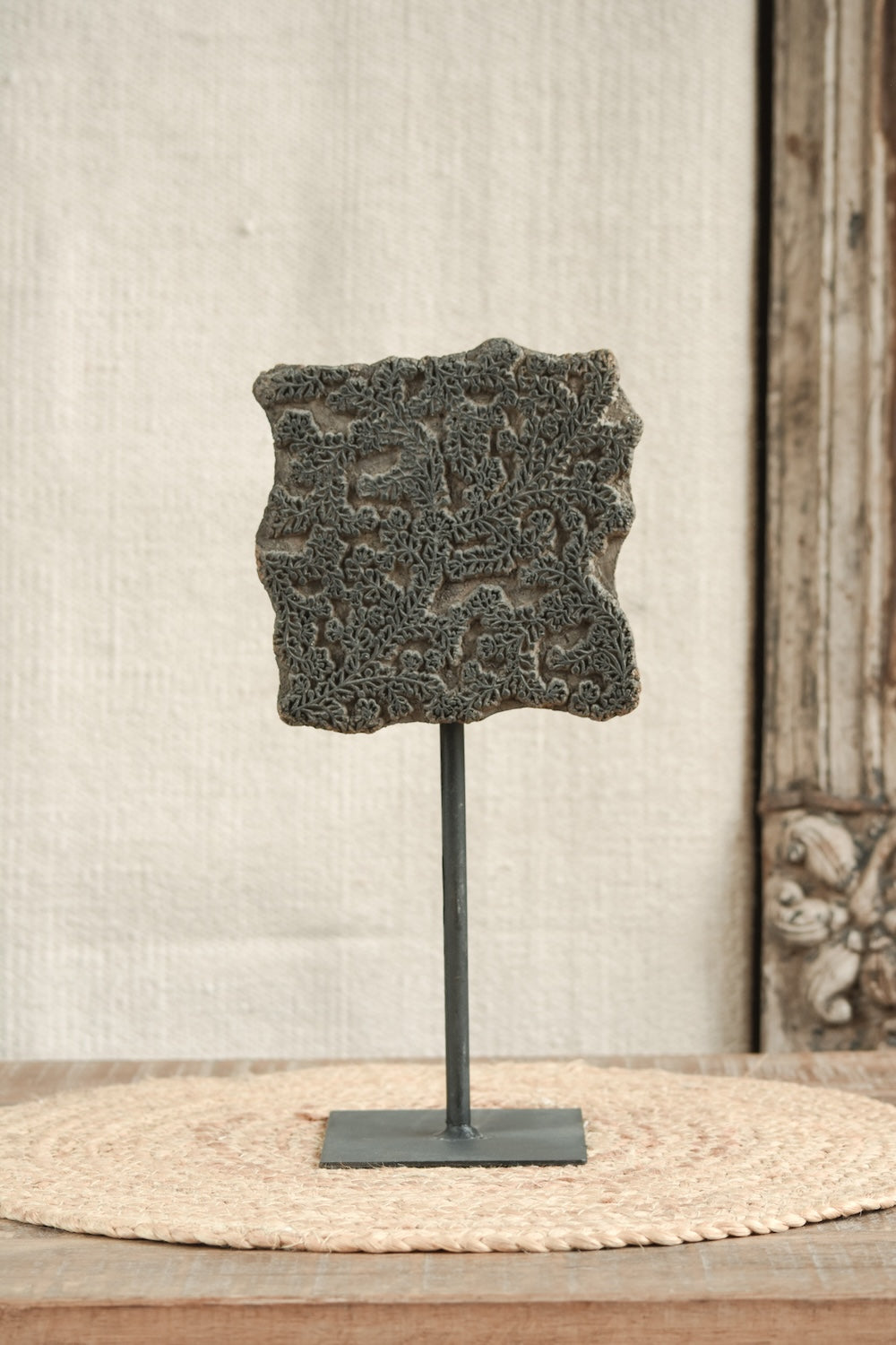 Ekaurr Fine Carving Print Block on Stand vintage wooden textile print block with intricate fine-carved motif mounted on an iron display stand, artisan craft heritage collectible for home decor