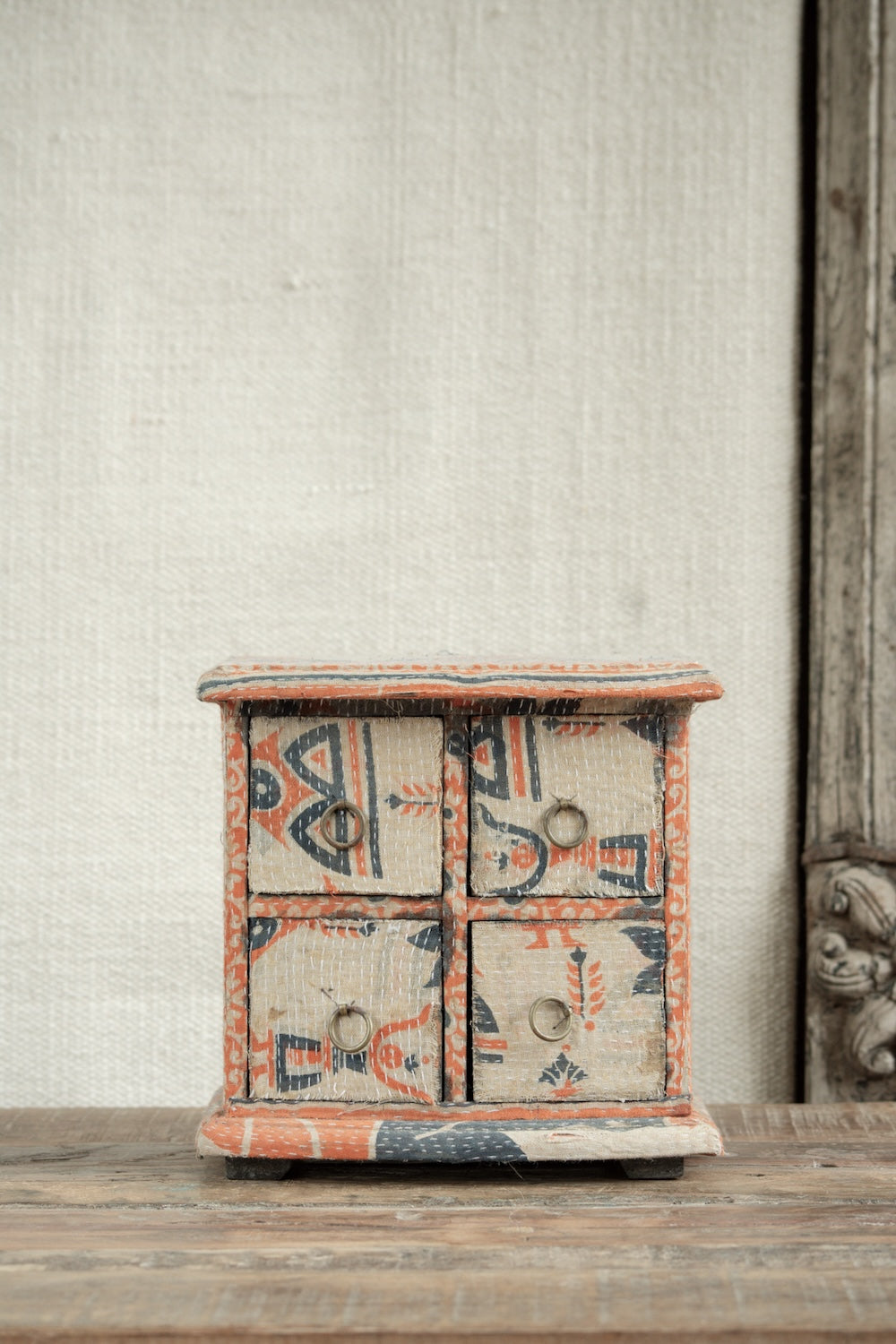 Ekaurr Fine Kantha Cladded Chest with 4 drawers – handcrafted wooden chest wrapped in vibrant vintage Kantha textile, storage furniture