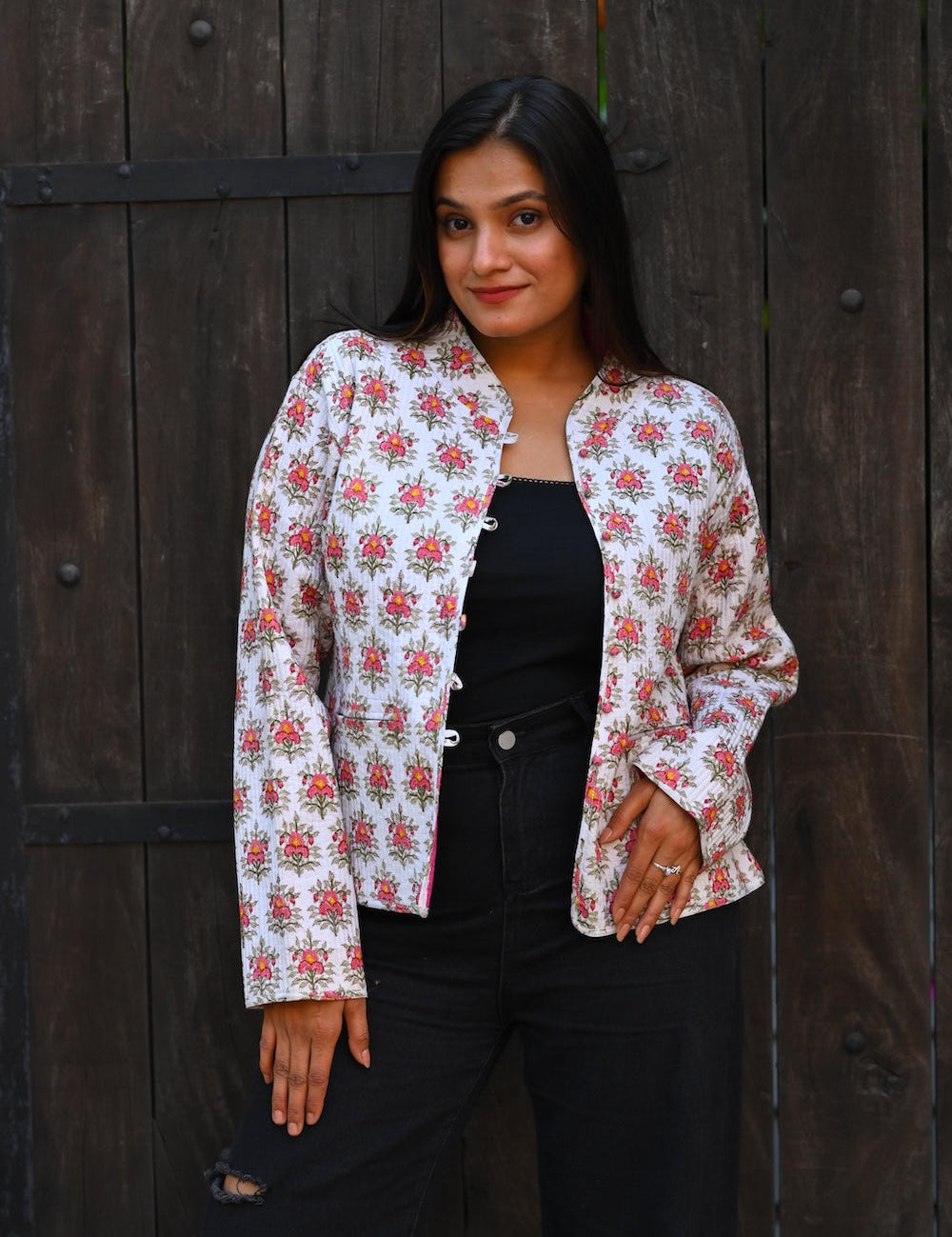 Ekaurr BIGDI Floral Frost Jacket handcrafted cotton jacket with a cool frost-toned floral print in icy white and blue tones, artisan slow fashion outerwear for women from the BIGDI collection
