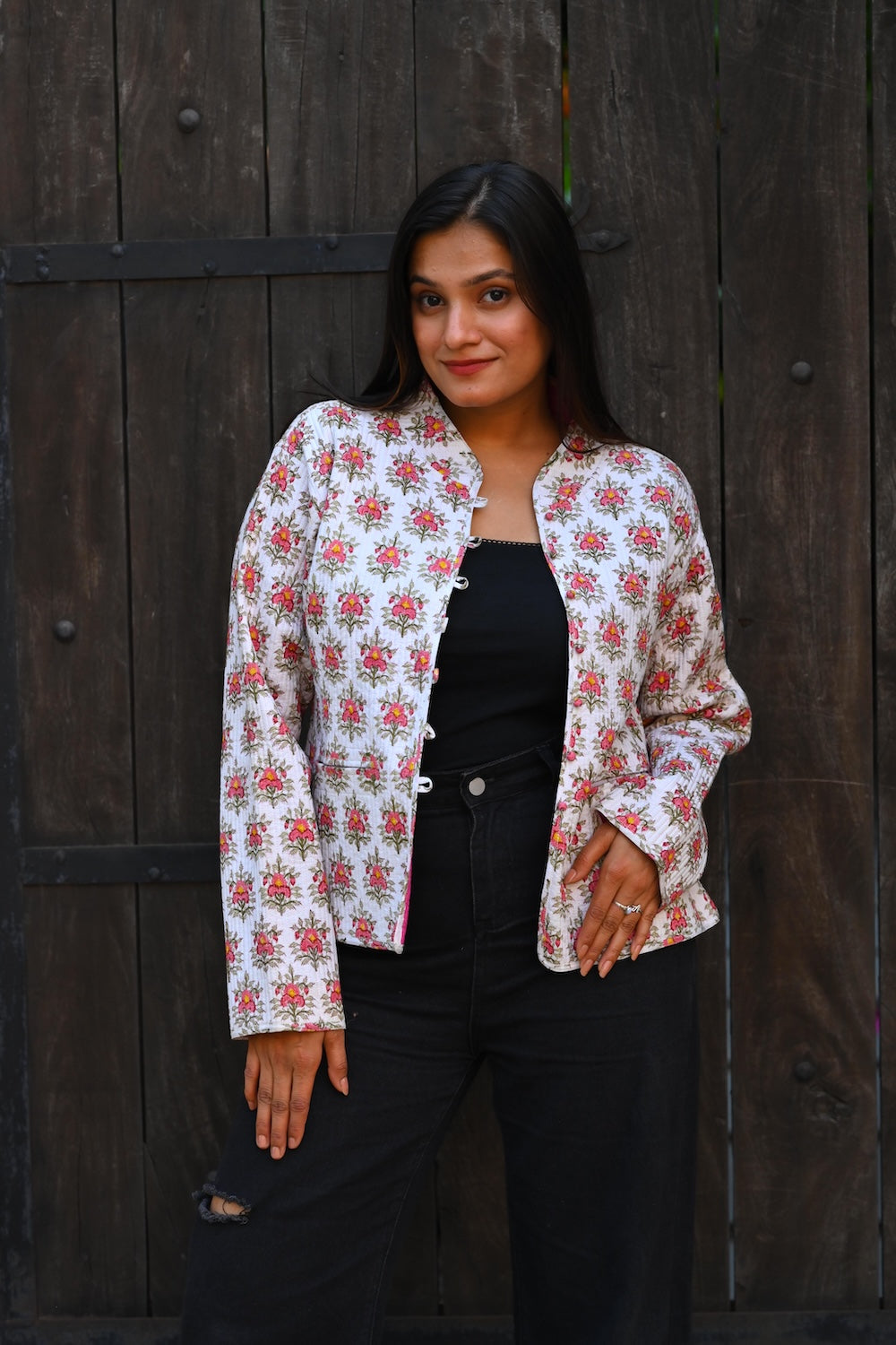 Ekaurr BIGDI Floral Frost Jacket handcrafted cotton jacket with a cool frost-toned floral print in icy white and blue tones, artisan slow fashion outerwear for women from the BIGDI collection