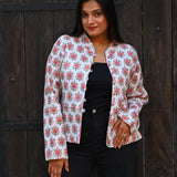 Ekaurr BIGDI Floral Frost Jacket handcrafted cotton jacket with a cool frost-toned floral print in icy white and blue tones, artisan slow fashion outerwear for women from the BIGDI collection