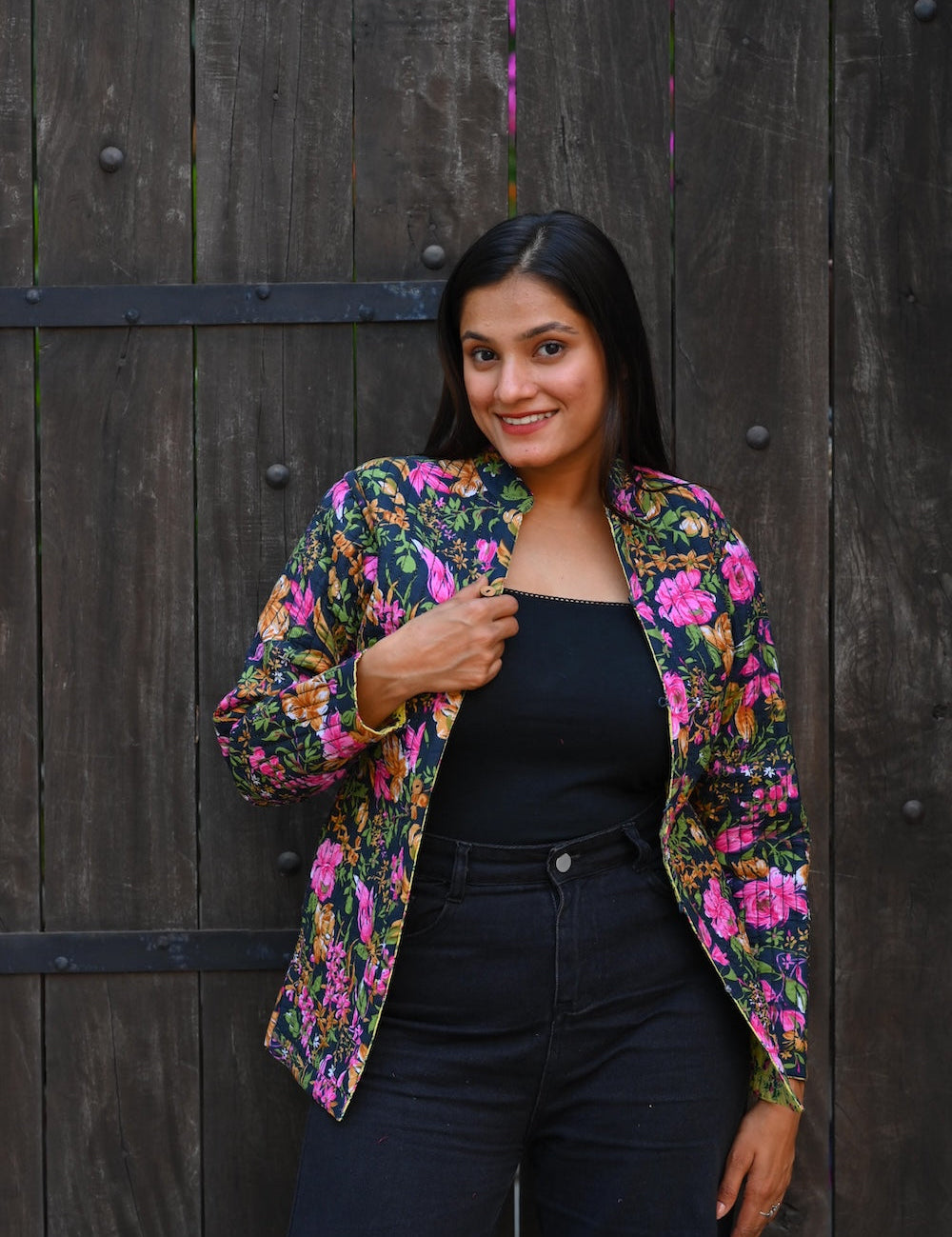Ekaurr BIGDI Floral Haven Jacket handcrafted cotton jacket with a lush botanical haven print in vibrant floral tones, artisan slow fashion outerwear for women from the BIGDI collection