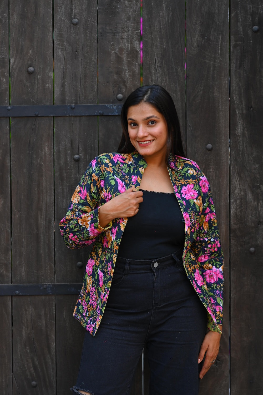 Ekaurr BIGDI Floral Haven Jacket handcrafted cotton jacket with a lush botanical haven print in vibrant floral tones, artisan slow fashion outerwear for women from the BIGDI collection