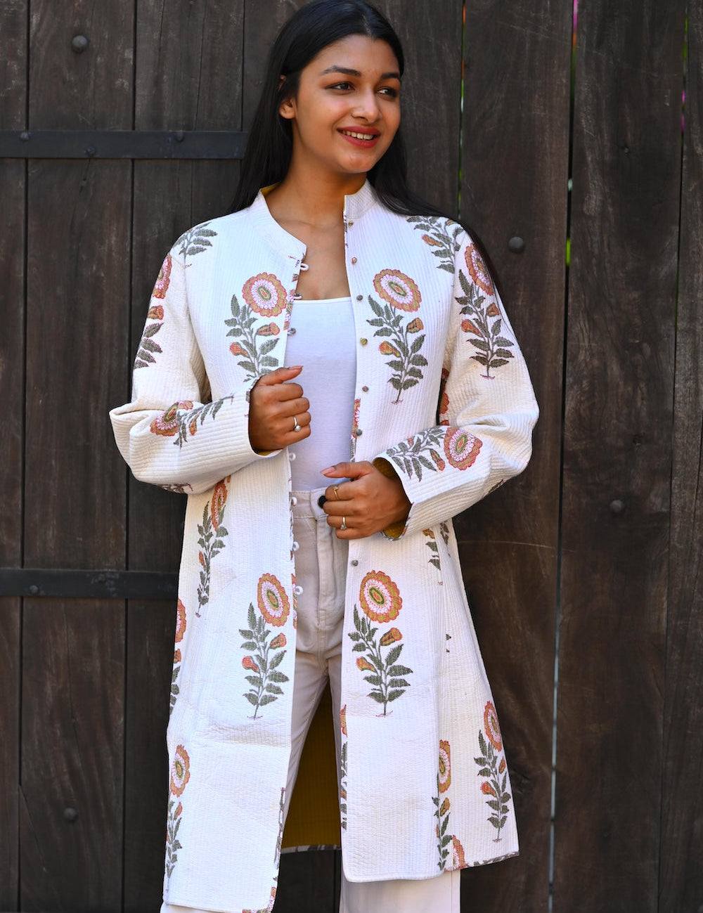 Ekaurr BIGDI Floral Snow Coat cotton quilted reversible winter coat in soft white with delicate floral snow print detailing, artisan slow fashion outerwear for women from the BIGDI Blazers Coats and Robes collection