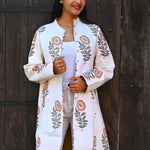 Ekaurr BIGDI Floral Snow Coat cotton quilted reversible winter coat in soft white with delicate floral snow print detailing, artisan slow fashion outerwear for women from the BIGDI Blazers Coats and Robes collection