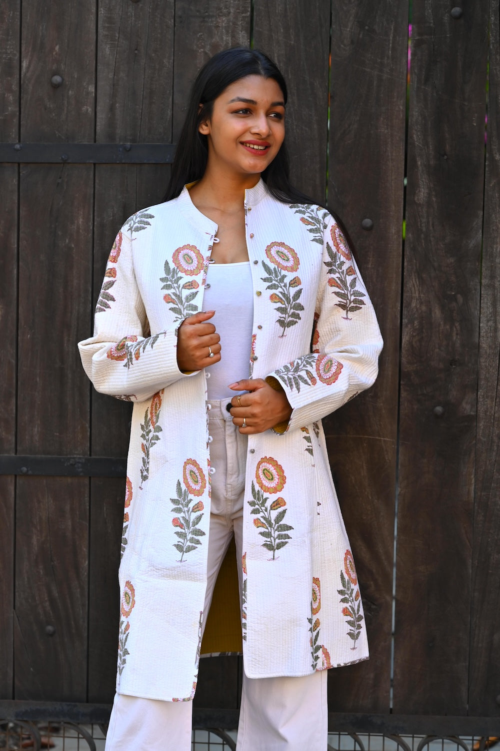 Ekaurr BIGDI Floral Snow Coat cotton quilted reversible winter coat in soft white with delicate floral snow print detailing, artisan slow fashion outerwear for women from the BIGDI Blazers Coats and Robes collection