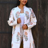 Ekaurr BIGDI Floral Snow Coat cotton quilted reversible winter coat in soft white with delicate floral snow print detailing, artisan slow fashion outerwear for women from the BIGDI Blazers Coats and Robes collection