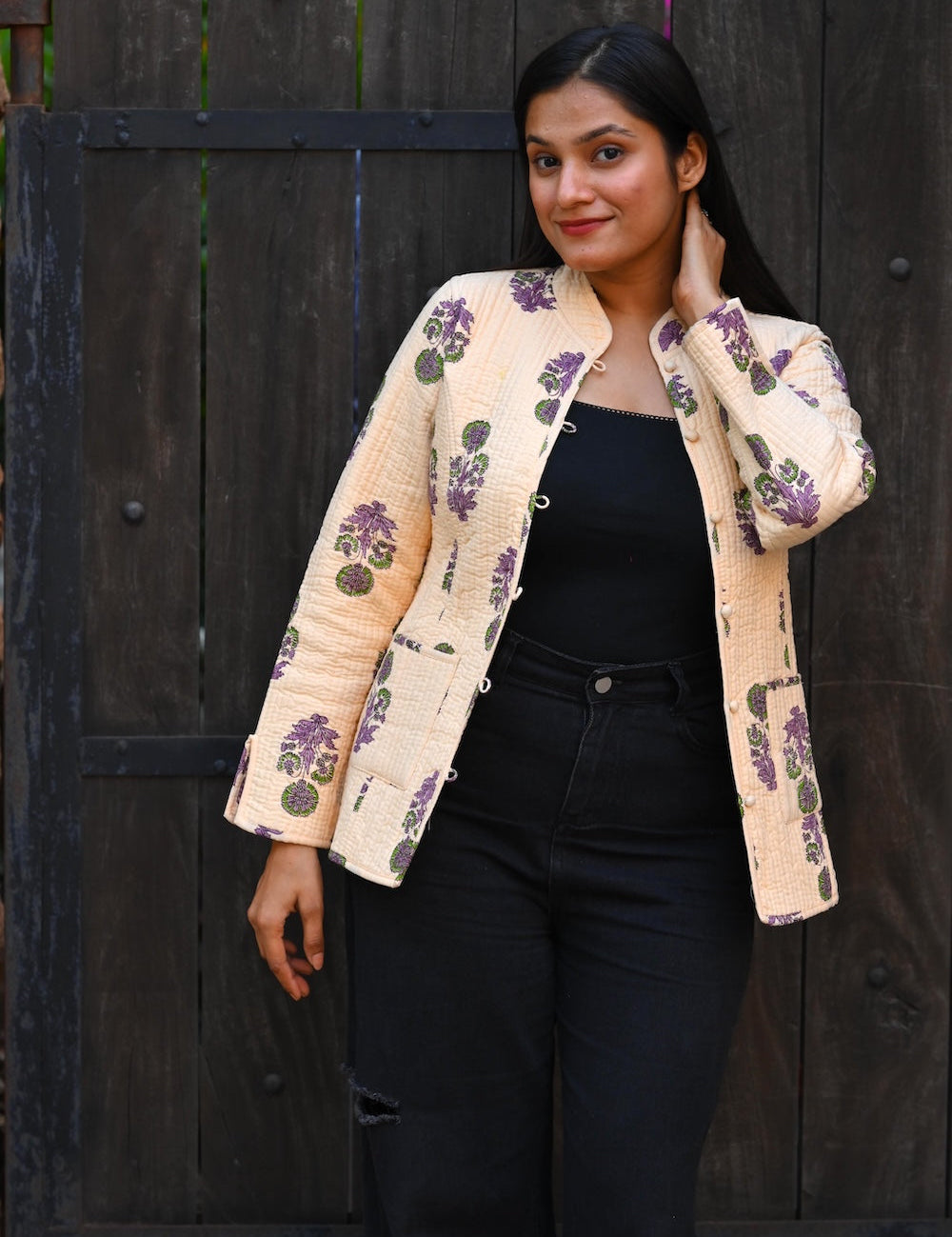 Ekaurr BIGDI Floral Whisper Jacket handcrafted cotton jacket with a softly whispered delicate floral print in muted pastel tones, artisan slow fashion outerwear for women from the BIGDI collection