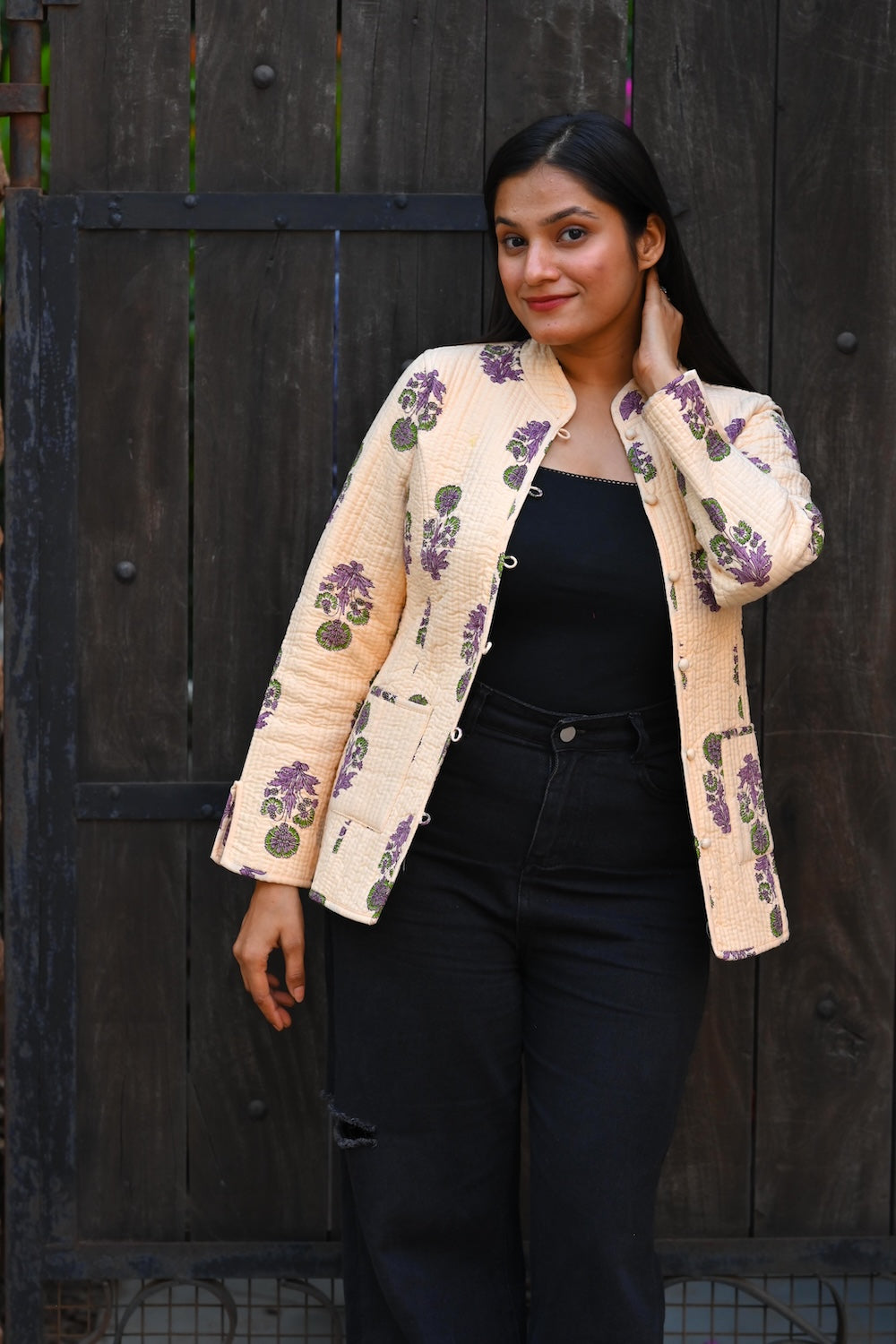 Ekaurr BIGDI Floral Whisper Jacket handcrafted cotton jacket with a softly whispered delicate floral print in muted pastel tones, artisan slow fashion outerwear for women from the BIGDI collection