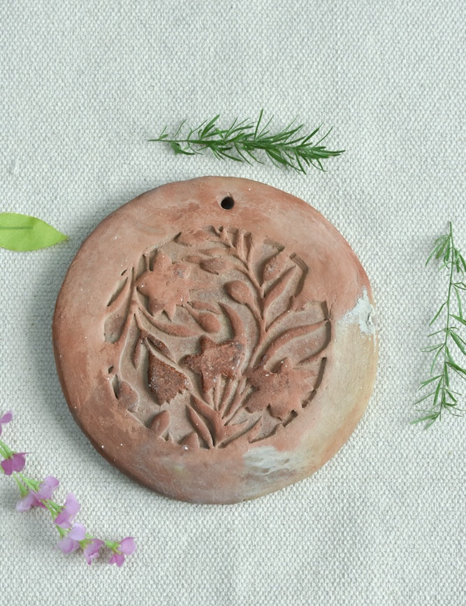 Ekaurr Flower Block Printed Terracotta Risers handcrafted clay risers with hand-stamped floral block print motifs, earthy artisan display stands for sculptures candles and home styling