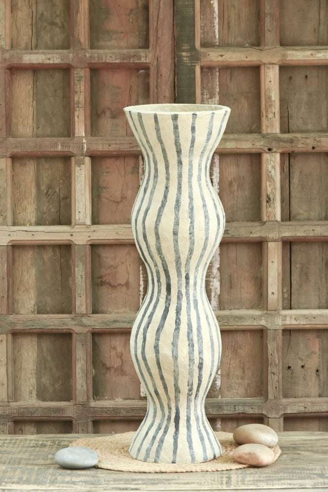 Ekaurr Fluted Striped Paper Mache Vase with vertical fluted ribbing and striped surface, handcrafted from recycled paper by rural Indian women artisans in Rajasthan