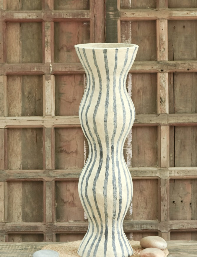 Ekaurr Fluted Striped Paper Mache Vase with vertical fluted ribbing and striped surface, handcrafted from recycled paper by rural Indian women artisans in Rajasthan