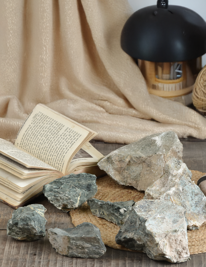 Ekaurr Forest Mist Stone set of handpicked natural stones in cool green-grey forest tones, ethically sourced unpolished pebbles for organic home décor tablescapes