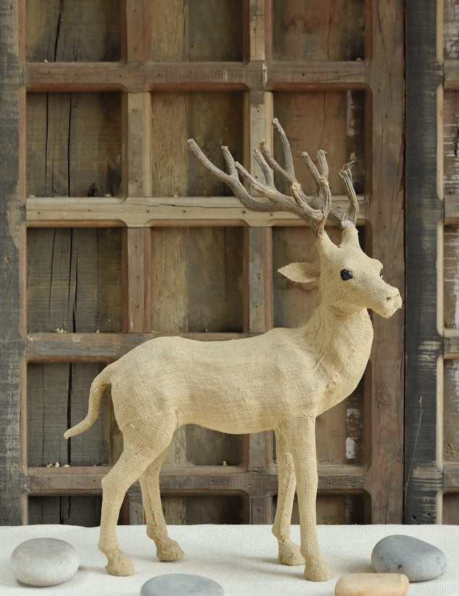 Ekaurr Forest Stag handcrafted jute sculpture of a majestic stag with antlers in a proud standing pose, earthy natural fibre wildlife figurine for home decor and nature-inspired styling