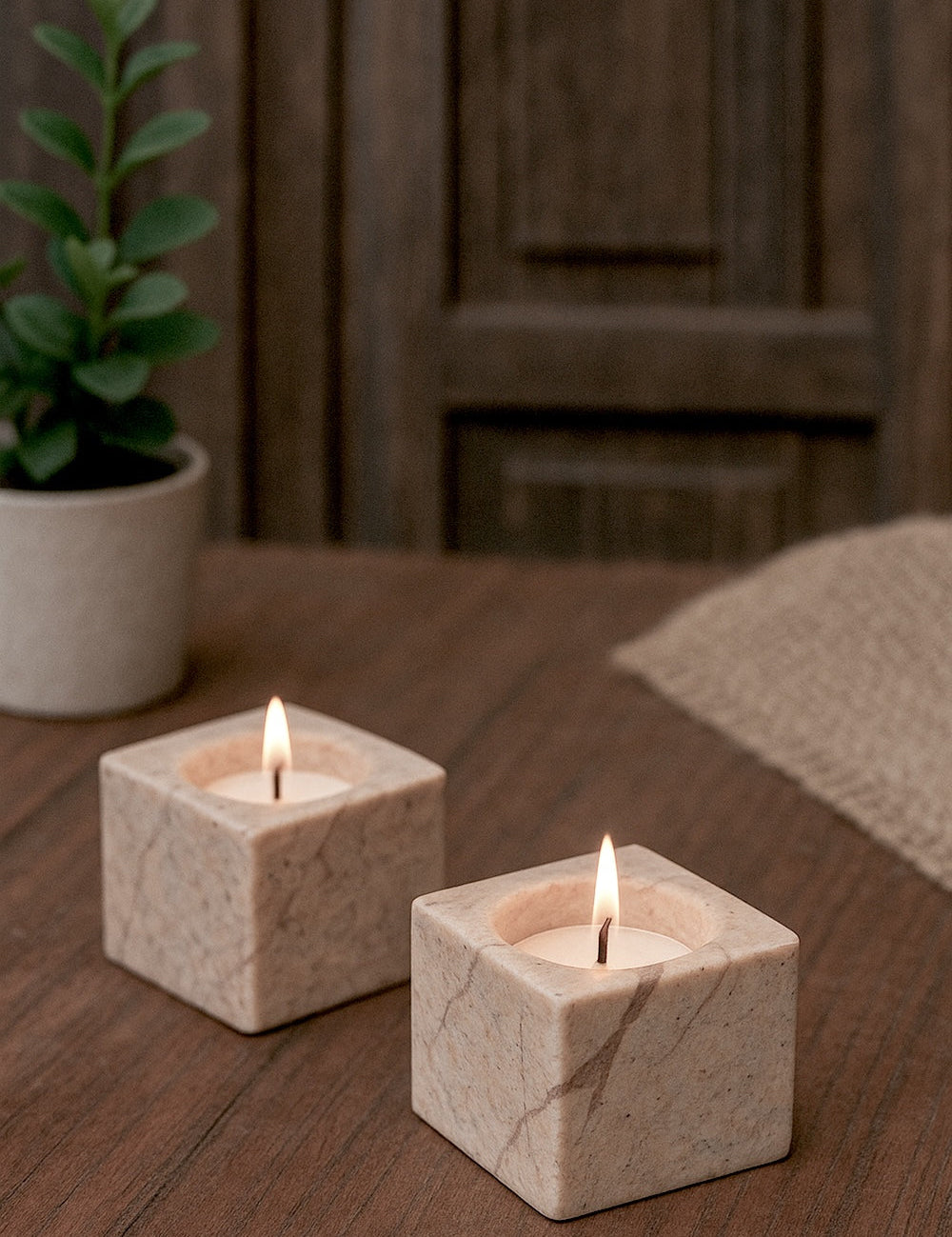 Ekaurr Forest Stone Cubical Tea Light Holder natural brown forest stone carved into a cube with tea light well, earthy organic stone candle holder for rustic and nature-inspired home styling