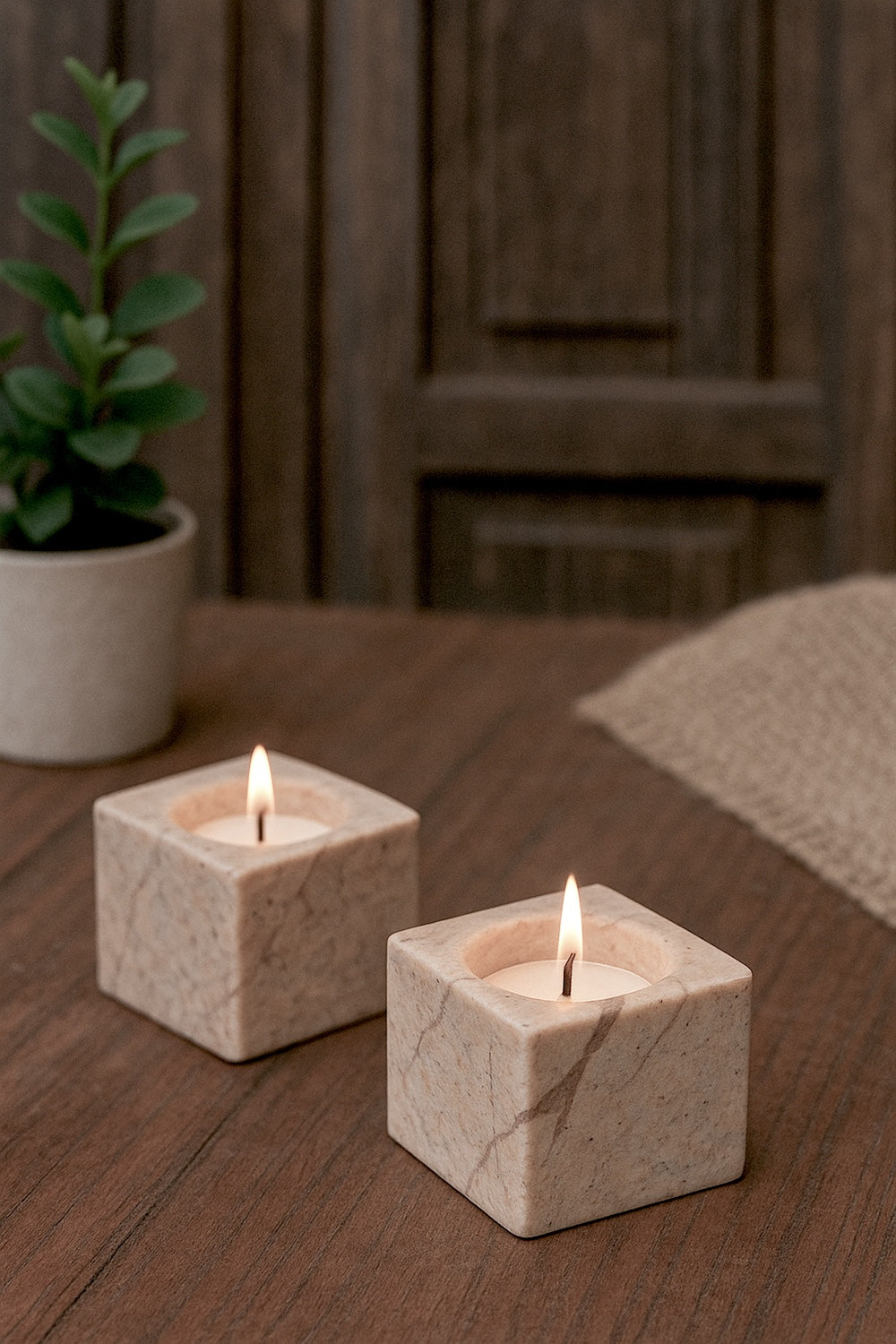 Ekaurr Forest Stone Cubical Tea Light Holder natural brown forest stone carved into a cube with tea light well, earthy organic stone candle holder for rustic and nature-inspired home styling