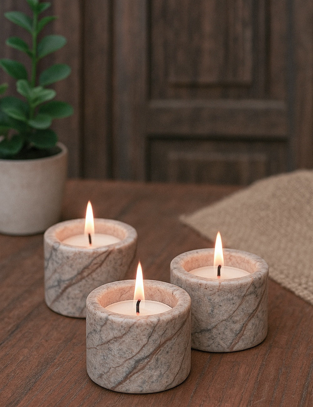 Ekaurr Forest Stone Cylindrical Tea Light Holder set of 3, natural earthy stone with organic veining, dual-use as tealight holders or mini succulent planters