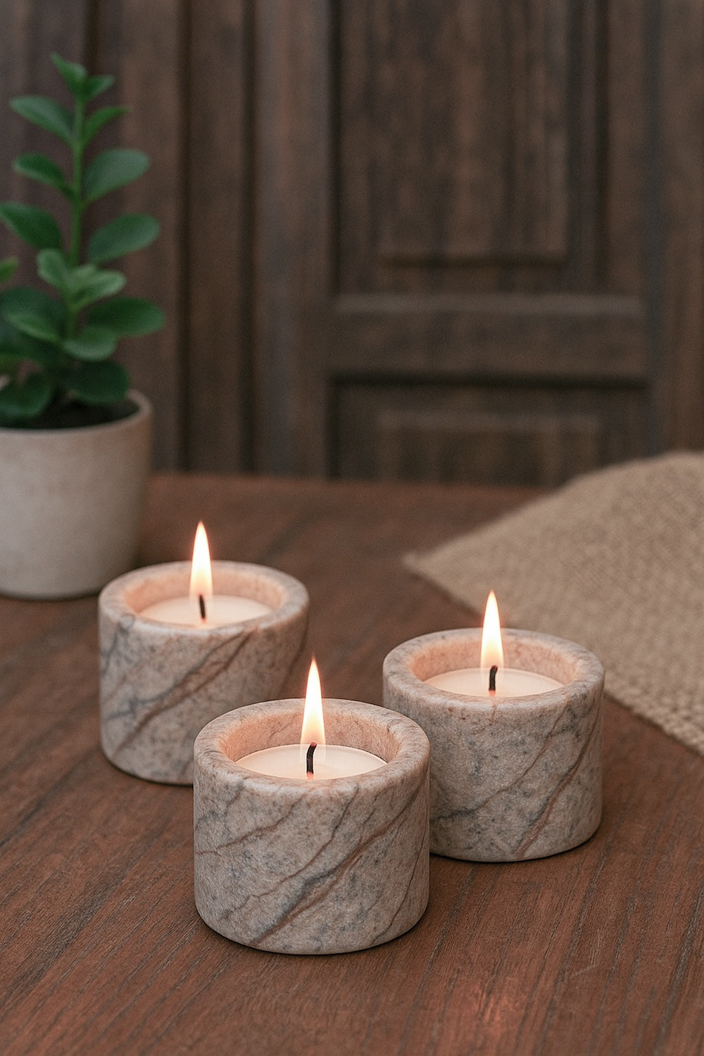 Ekaurr Forest Stone Cylindrical Tea Light Holder set of 3, natural earthy stone with organic veining, dual-use as tealight holders or mini succulent planters