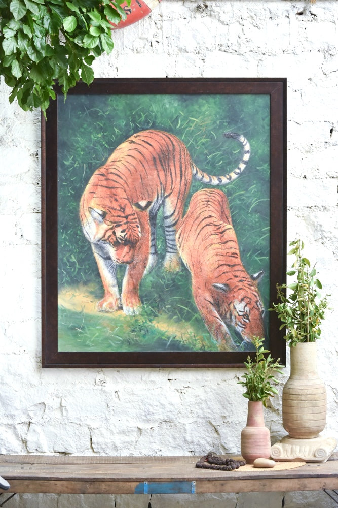 Ekaurr Forest Stroll painting depicting a contemplative figure walking through a forest in dappled green and golden woodland tones, handcrafted nature-inspired home decor for living rooms and meditative interior styling