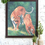 Ekaurr Forest Stroll painting depicting a contemplative figure walking through a forest in dappled green and golden woodland tones, handcrafted nature-inspired home decor for living rooms and meditative interior styling